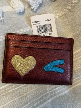 Coach…card case…Burgundy Leather Card Holder with Glitter Heart & Blue Accent